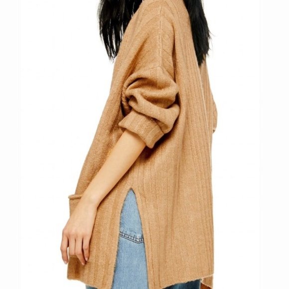 Topshop Long Cardigan Golden Brown Oversized Open Front with Pockets Medium NEW - Picture 4 of 6